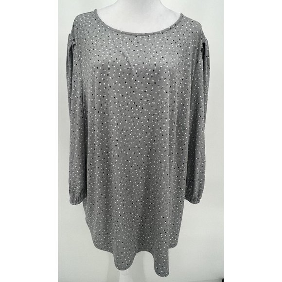 Adrianna Papell Top Size 2X Gray Hearts Stretchy 3/4 Pleated Sleeve Round Neck - Picture 1 of 14